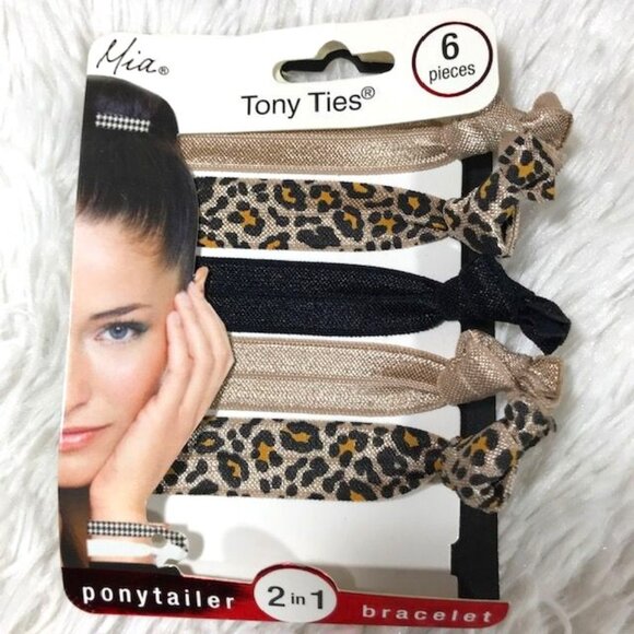 Mia 5pc Tony Ties Leopard Gold Black 2 in 1 Ponytailers Bracelets - Picture 1 of 5
